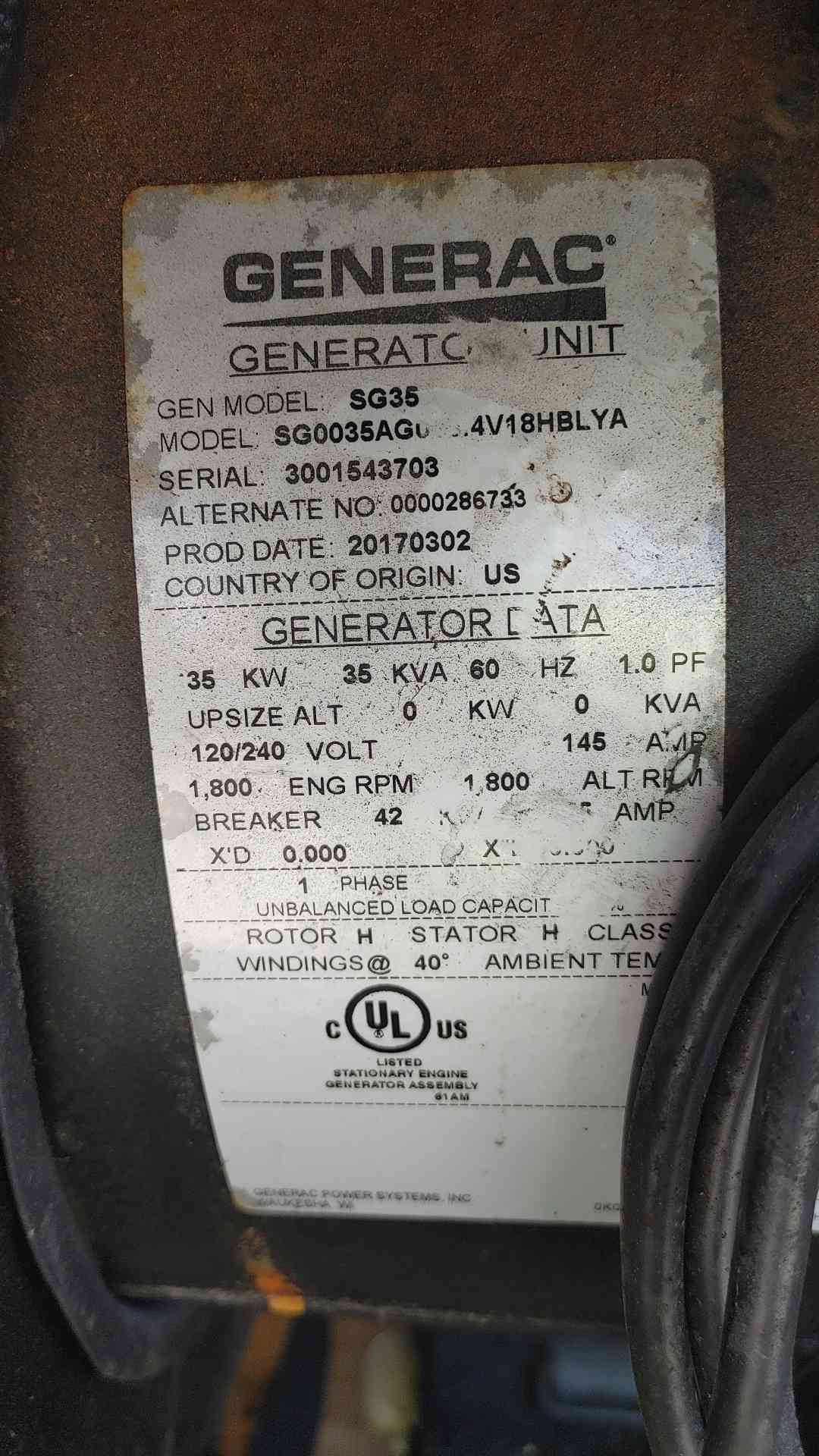 35 KW Generac #SG35, natural gas generator set, 120/240 Volts, 1PH, 143 hours - Image 4