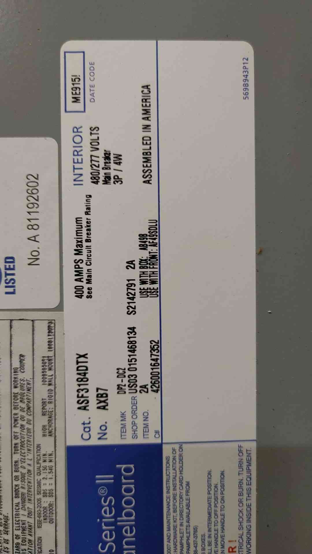 400 Amp. General Electric A-Series II, Panelboard, 480Y/277 Volts, 3PH, Main Breaker, (5) TEY 90A Breakers - Image 5
