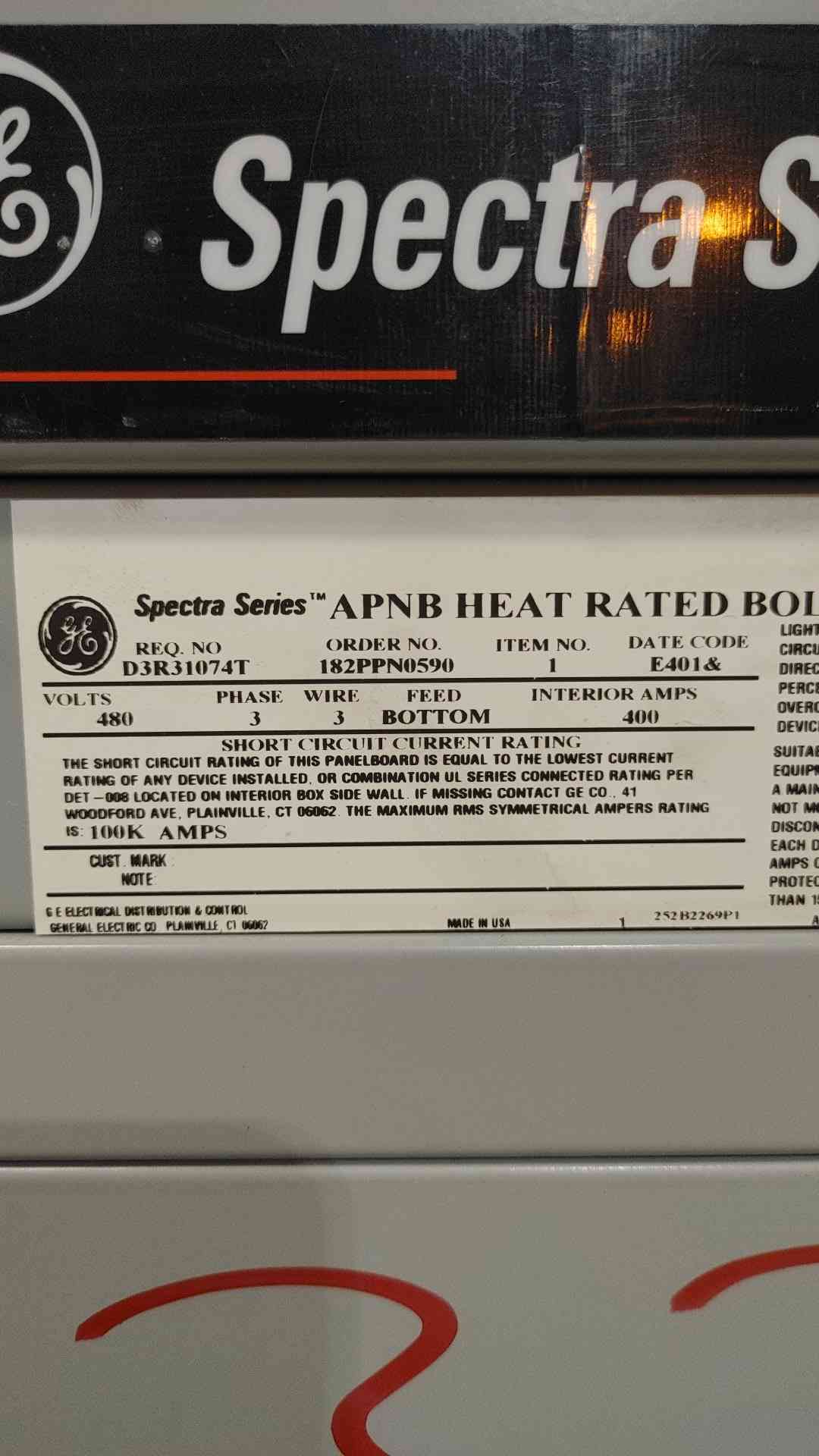 400 Amp. General Electric Spectra Series, Panelboard, 480 Volts, 3PH, 3W, Bottom Feed, (2) 250A 3-Pole - Image 3
