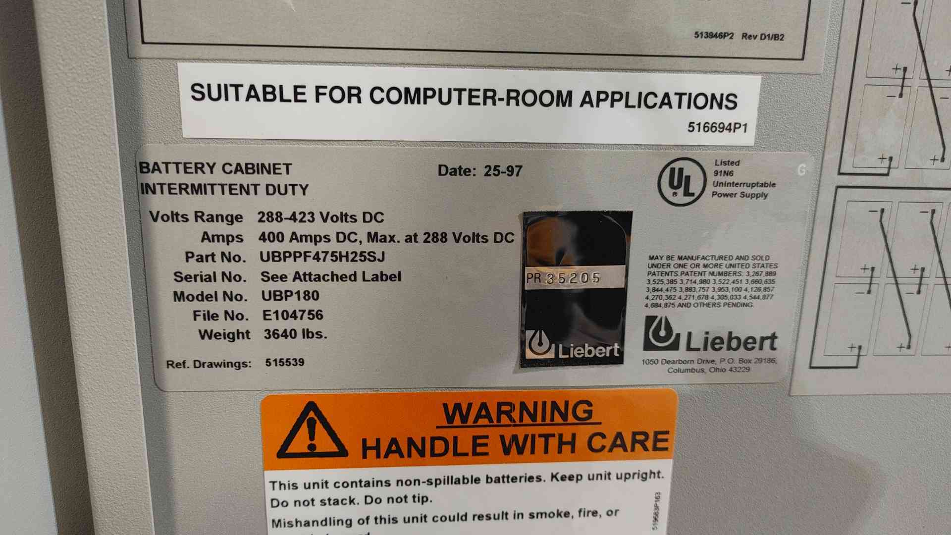 Liebert #UBP180, External UPS Battery Cabinet, 400A DC Disconnect, Empty - Image 9