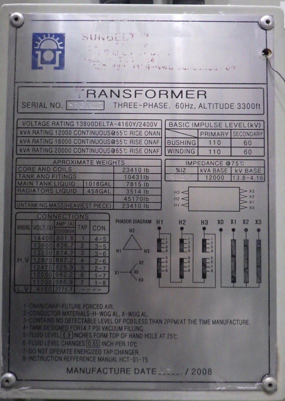 12000/20000 KVA 13800 Delta Primary, 4160Y/2400 Secondary, Sunbelt - Image 1