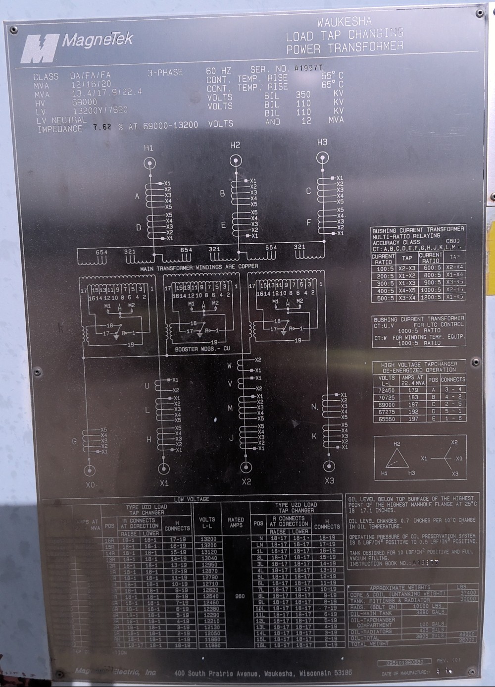12000/20000 KVA 69000 Delta Primary, 13200Y/7620 Secondary, MagneTek - Image 1