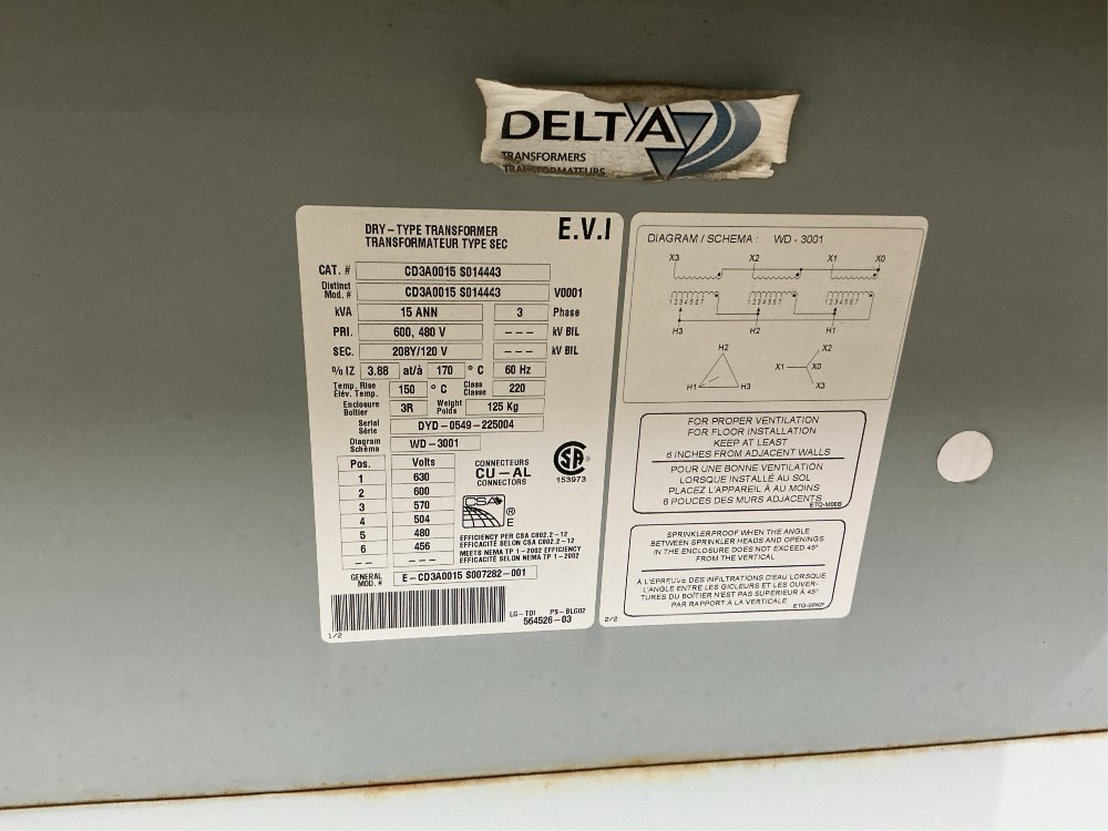 15 KVA 480/600 Primary, 208Y/120 Secondary, Delta Transformer, 3PH, (4 available) - Image 4