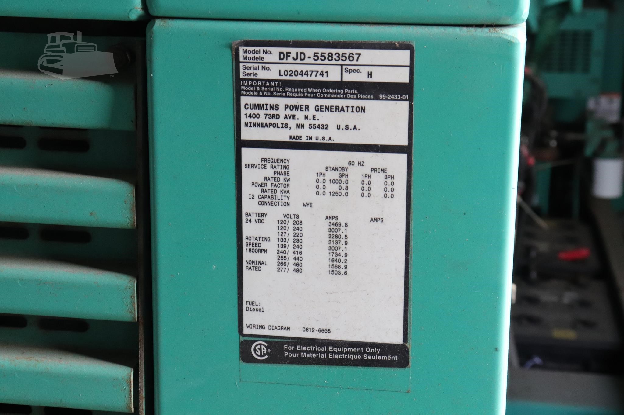 1000 KW Cummins #DFJD-5583567, Diesel Generator Set, 480 Volts, KTA38-G4 engine, 1800 RPM, 3PH, 1861 hours - Image 6