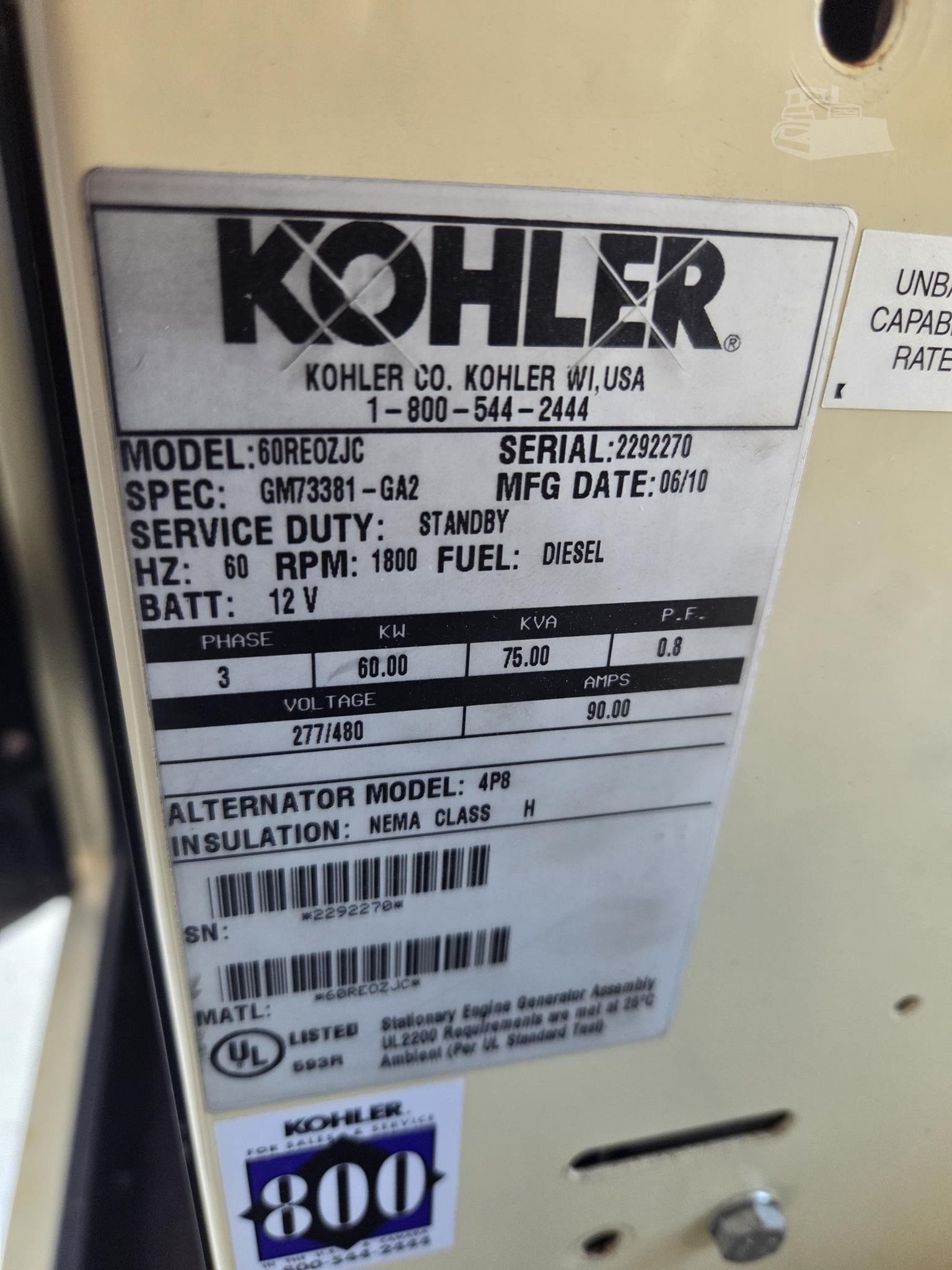 60 KW Kohler #60REOZJC, Diesel Generator Set, John Deere 5030HF285G engine, 3PH, enclosed, 222 hours - Image 9