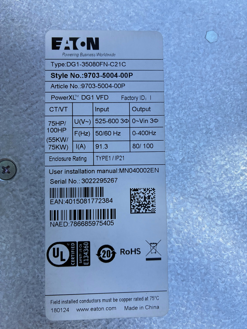75/100 HP Eaton #DG1-35080FN-C21C, PowerXL Variable Frequency Drive, 525-600 Volts, 80/100 amps, Type 1 - Image 2