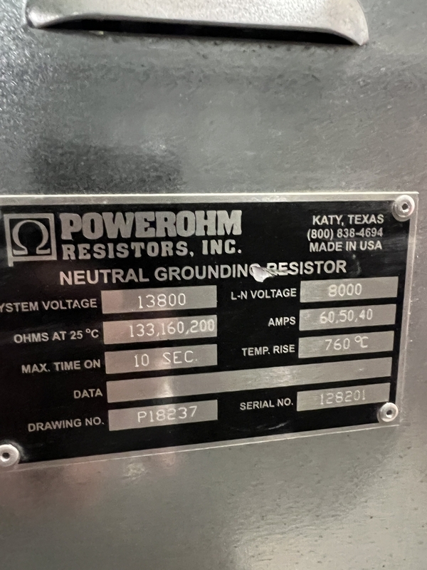 60/50/40 Amp. Powerohm, Neutral Ground Resistor, 13,800 Volts, 8,000 Volts L-N, 133/160/200 Ohms, 10 sec. duty - Image 2