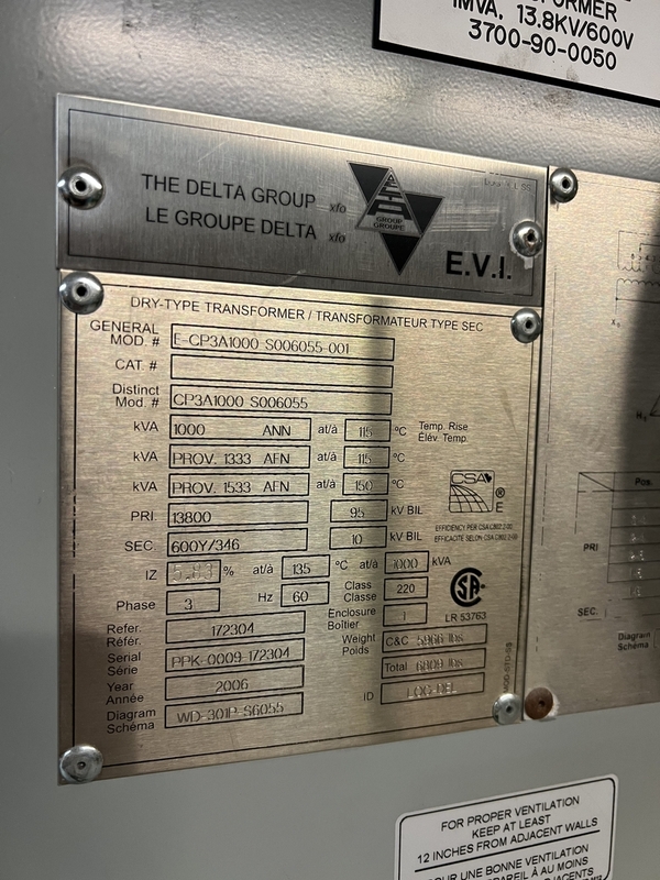1000/1333/1533 KVA 13,800 Primary, 600Y/347 Secondary, The Delta Group #E-CP3A1000, Dry Type Transformer - Image 2
