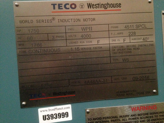 1750 HP 1785 RPM Teco Westinghouse, Frame 4511SPCL, 4000 Volts, TEFC, AC Induction Motor - Image 2