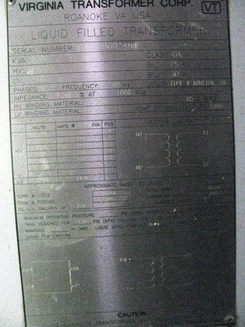 1000 KVA 6900 Primary, 460 Secondary, Virginia, Indoor Transformer, Power Transformer - Image 1