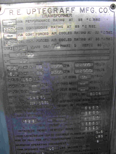 2000/2300 KVA 22900 Primary, 480 Secondary, RE Uptegraff, Outdoor Transformer, Power Transformer - Image 3