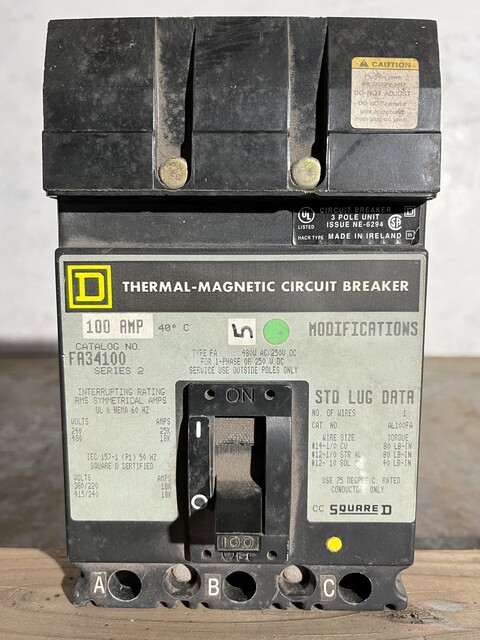 100 Amp, 480 Volts, Square-D, #FA34100, Molded Insulated Case Circuit Breaker - Image 1