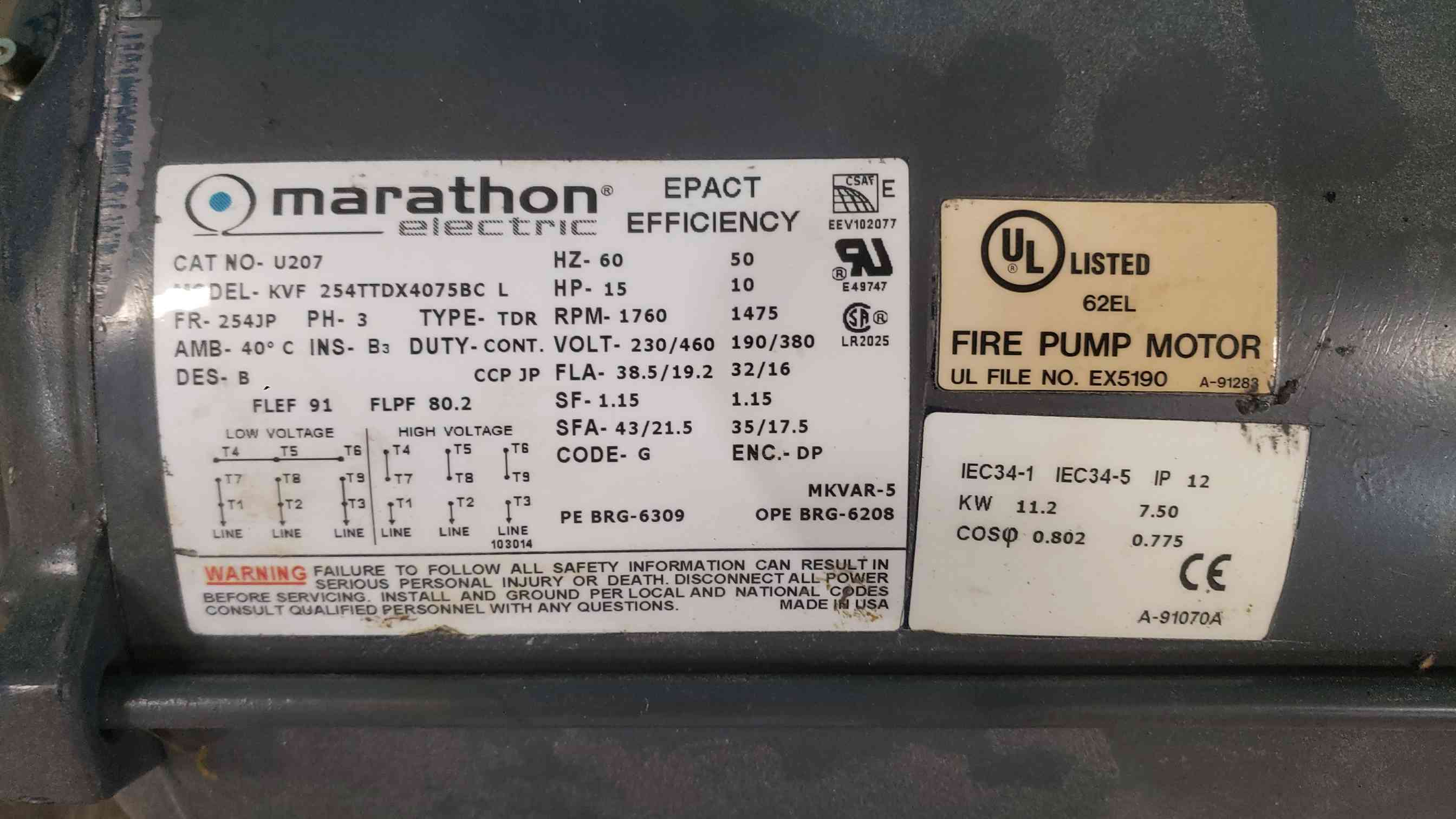 15 HP HP RPM Marathon #U207, Frame 254JP, 3 Phase, Fire Pump Motor, Centrifugal Water Pump Duty, 460 Volts - Image 2