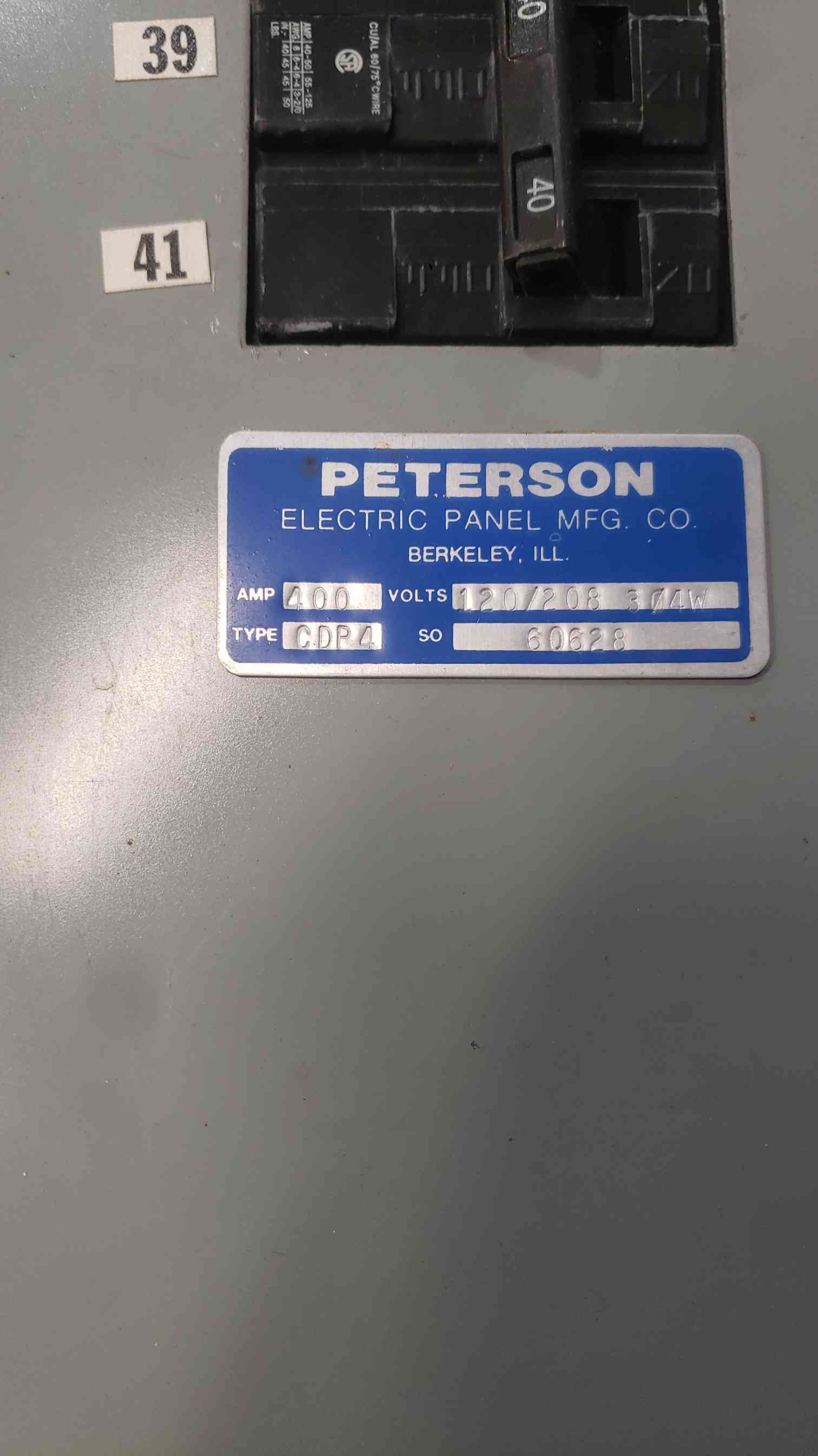 400 Amp. Peterson Electric Panel, Panelboard, 120/208 Volts, 3 Phase, Siemens 60A/40A/30A/20A Breakers - Image 3