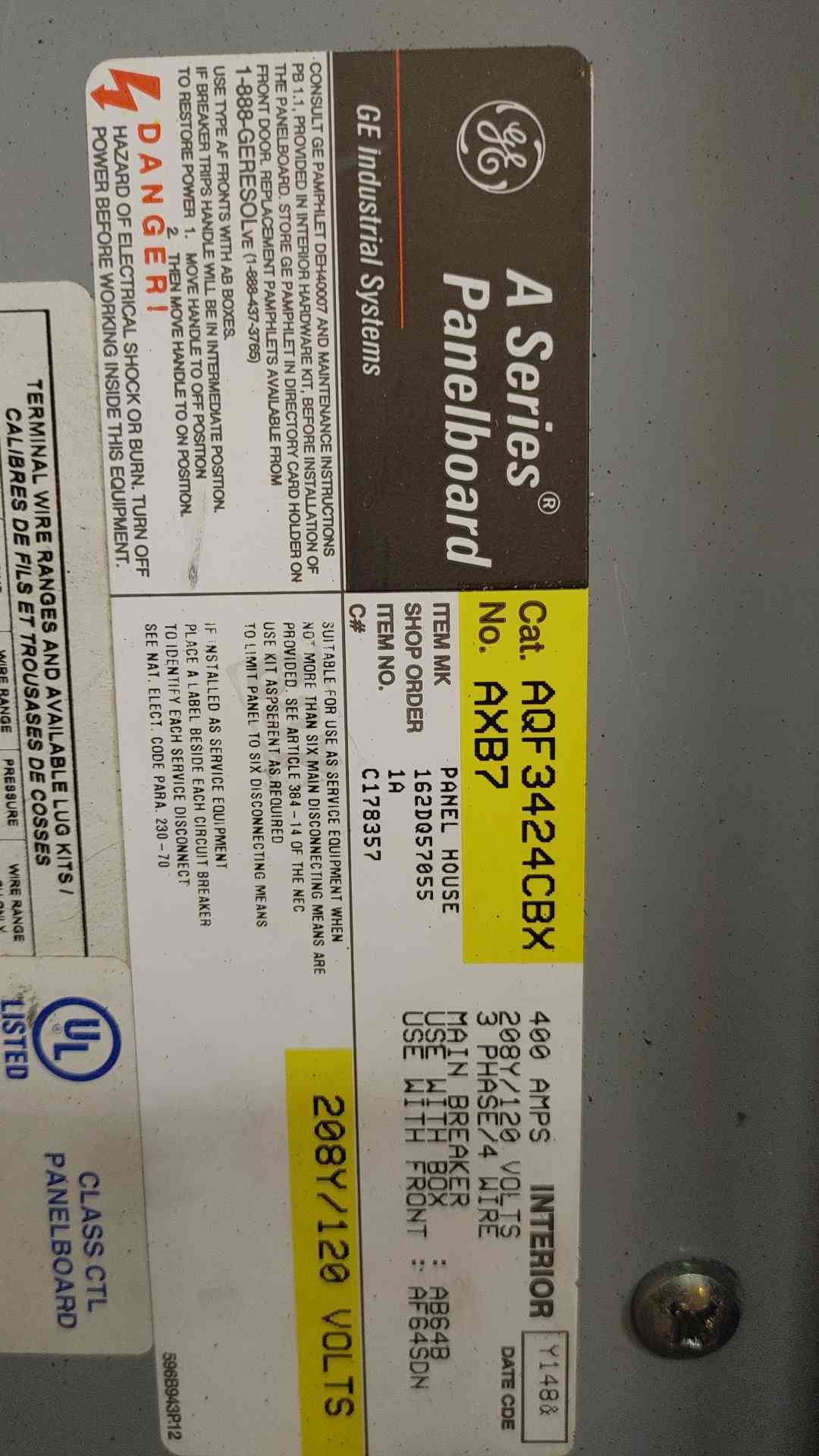 400 Amp. General Electric AQF3424CBX, A-Series Panelboard, Main, 208Y/120 Volts, 3 Phase, 42 Circuit, 10x100A - Image 6