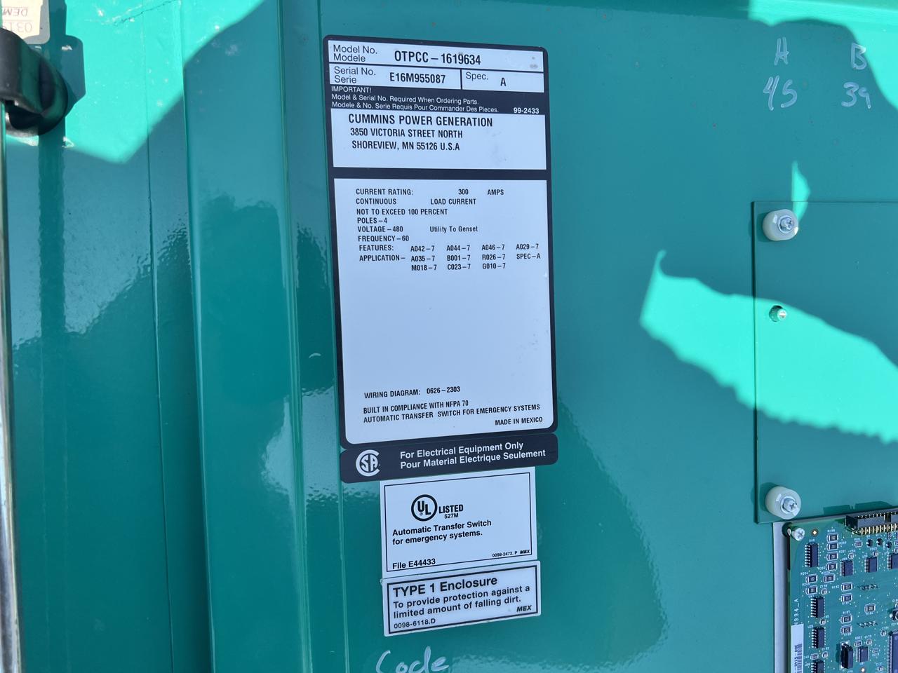 300 Amp. Cummins/Onan #OTPCC-1619634, Automatic Transfer Switch, 480 Volts, 4 pole, NEMA 1 enclosure, 3PH - Image 9