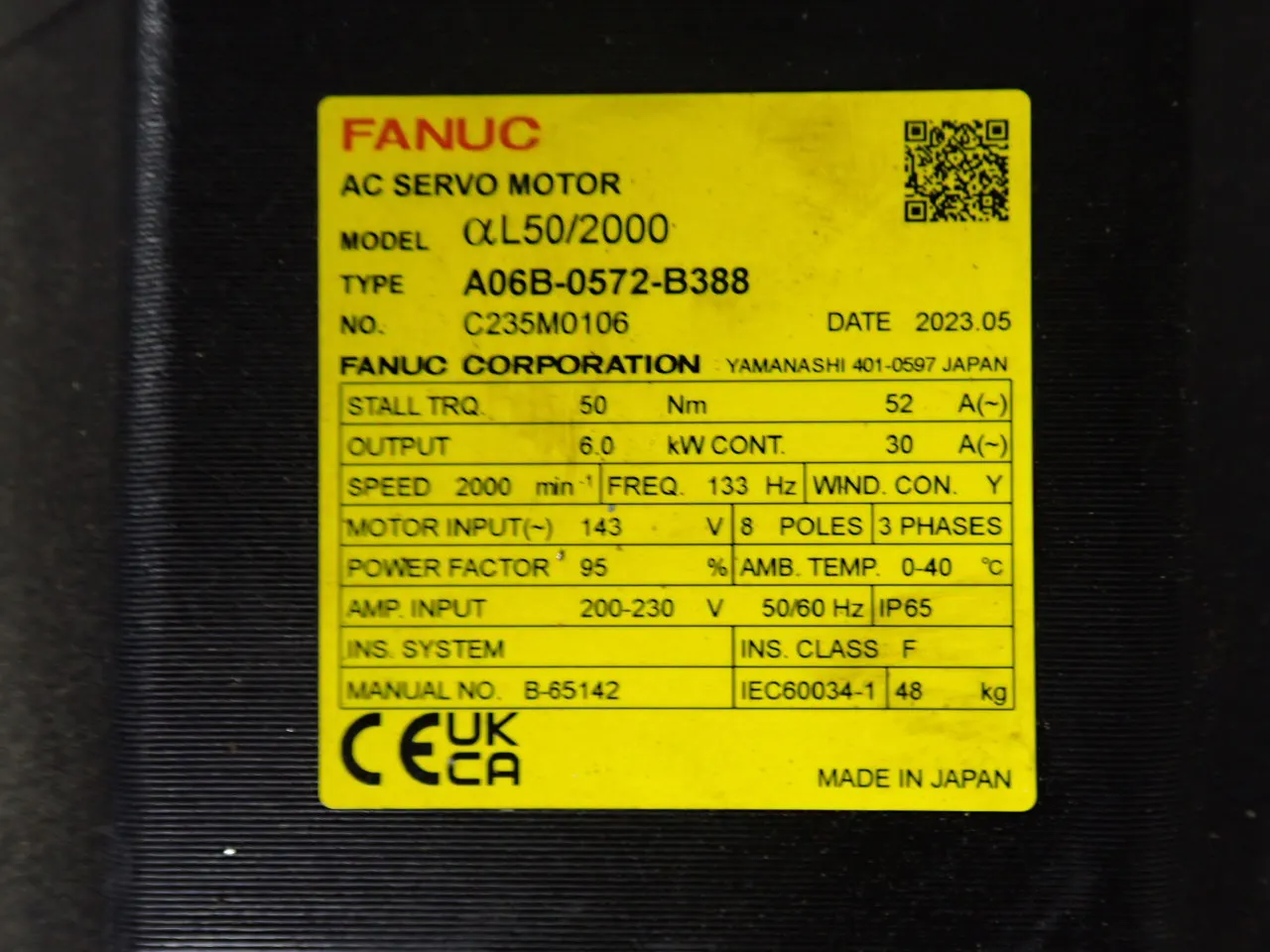 6 KW Fanuc #AL50/2000-A06B-0572-B388, AC Servo Motor, 2000 RPM, 200-230 Volts, 3PH, 2023 - Image 3