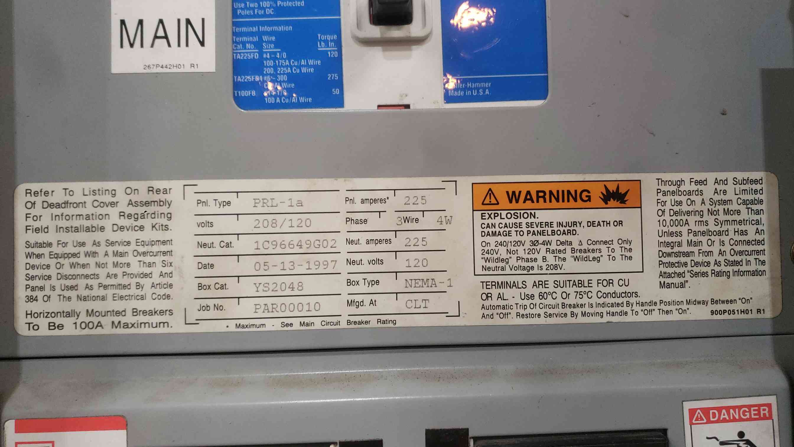 125 Amp. Eaton Cutler-Hammer, PRL1a, YS2048, Panelboard, 3 Phase, Main ED3125W w/ 42x 20A Breakers - Image 3
