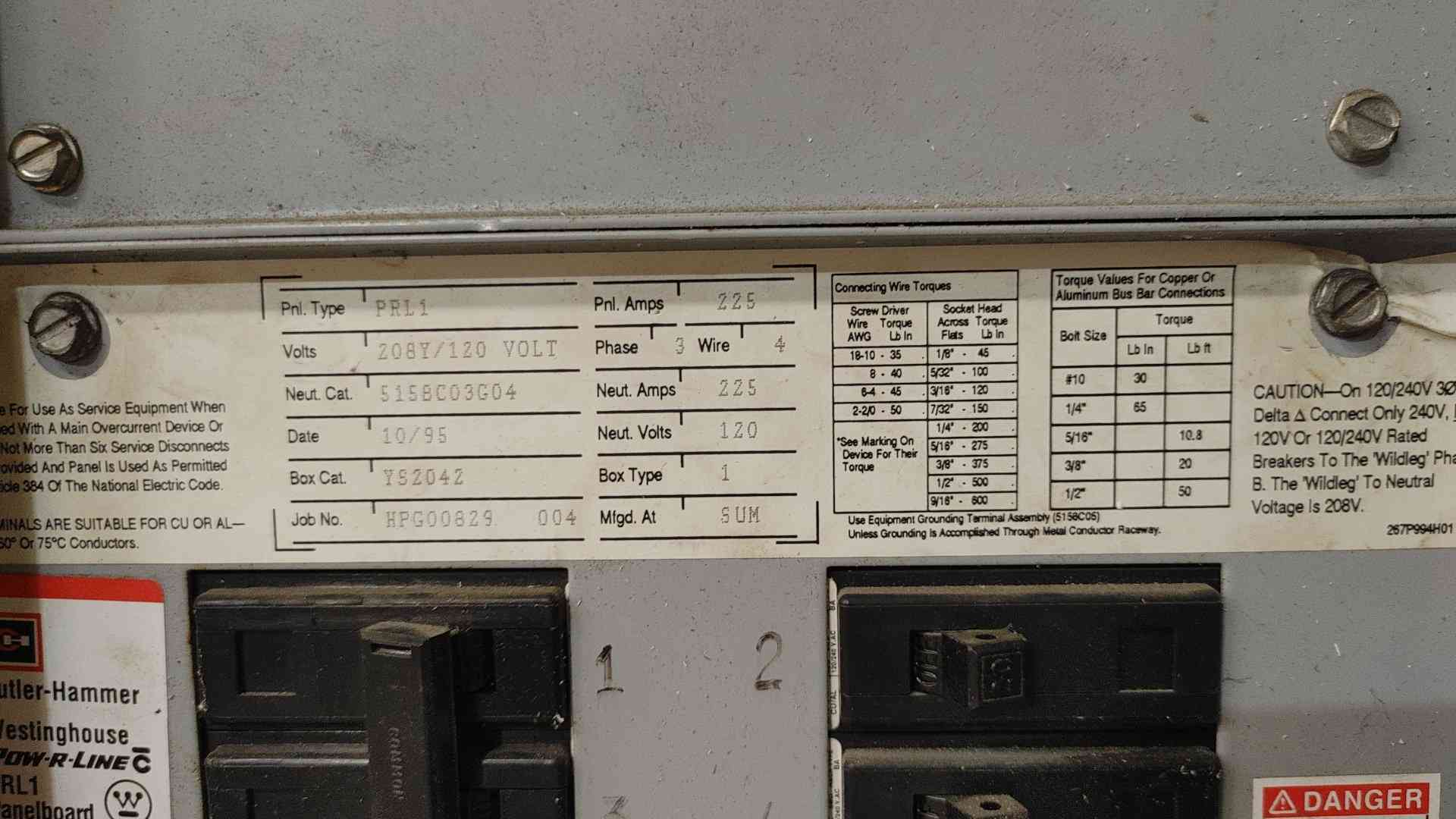 225 Amp. Cutler-Hammer, PRL1, Panelboard, 208Y/120 V, 3 Phase, 225A Main & BAB Breakers - Image 5