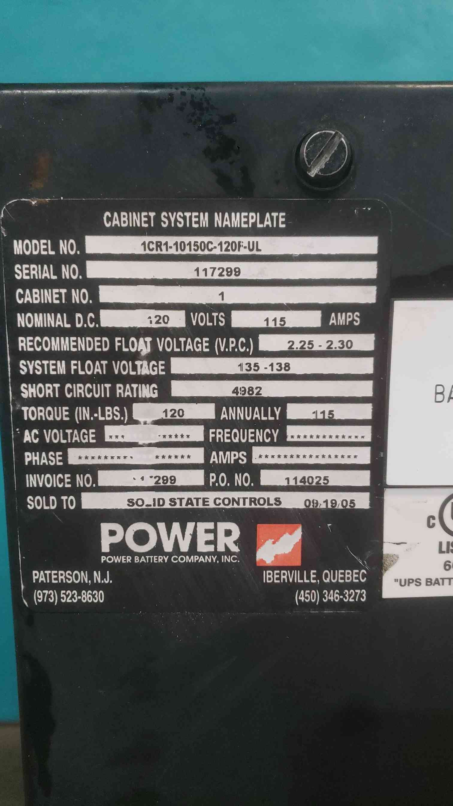 115 Amps. Power Battery Company, 1CR1-10150C-120F-UL, Battery Cabinet Enclosure, 120 V - Image 2