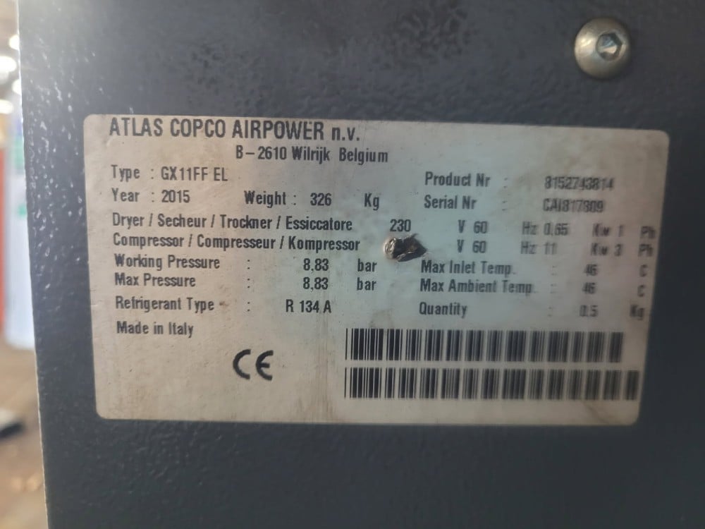 48 cfm, 145 psi, Atlas Copco #GX11FF, oil injeceted rotary screw air compressor, 15 HP, integrated - Image 3