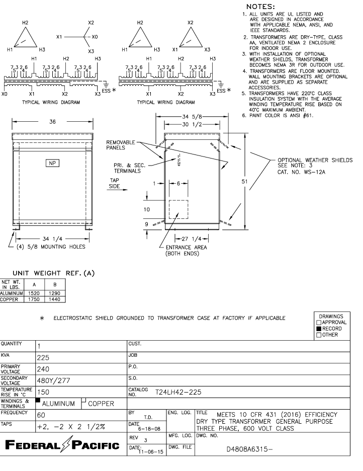 225 KVA 240 Primary, 480Y/277 Secondary, Federal Pacific #T24LH42-225, Step Up Transformer, NEMA 3R - Image 2