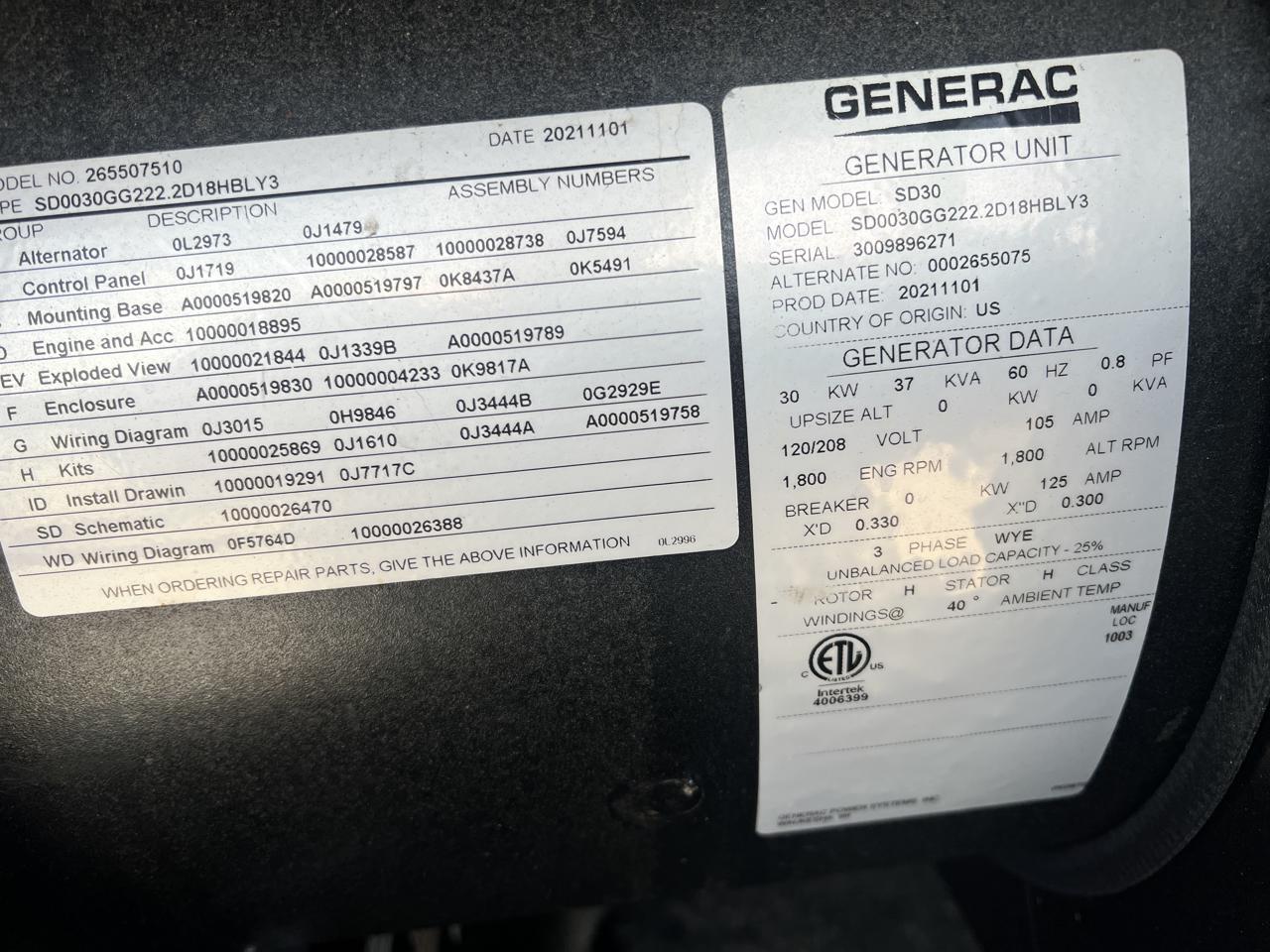 30 KW Generac #SD30, Diesel Generator Set, 120/208 Volts, 1800 RPM, 125 amp circuit breaker, 3PH, 2021 - Image 9