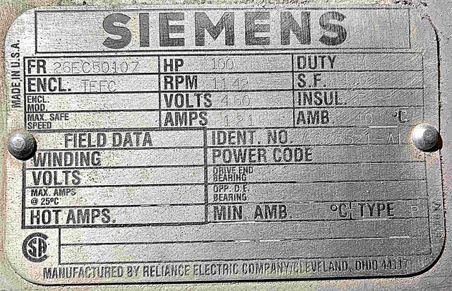 100 HP 1142 RPM Siemens, Frame 26EG5010Z, TEFC, 460 Volts - Image 3