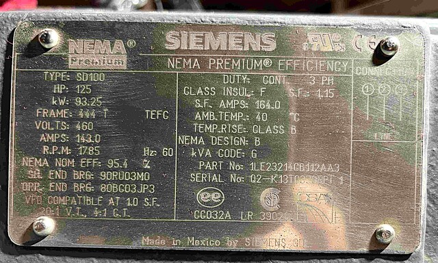 125 HP 1785 RPM Siemens #1LE23214CB112AA3, Frame 444T, TEFC, 460 Volts - Image 2