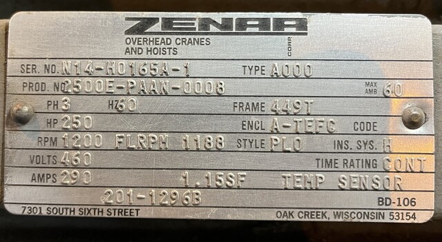 250 HP 1200 RPM Zenar #2500E-PAAN-0008, Frame 449T, TEFC, 460 Volts - Image 2