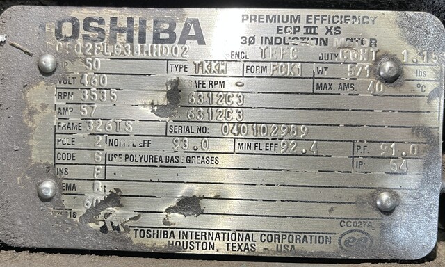 50 HP 3535 RPM Toshiba #B0502FL63BMHD02, Frame 326TS, TEFC, 460 Volts - Image 2