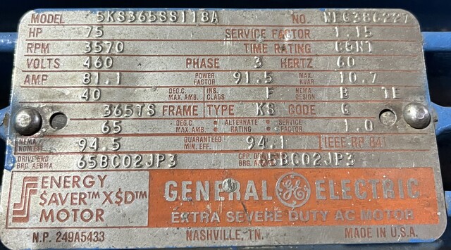 75 HP 3570 RPM General Electric #WEG3862267, Frame 365TS, TEFC, 460 Volts - Image 2