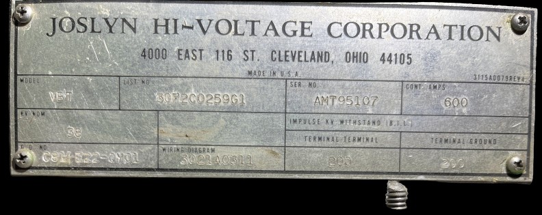 600 Amp, Joslyn #VBT, 38,000 Volts, 1 Phase, Vacuum Switch - Image 2
