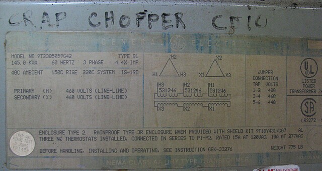 145 KVA 460 Delta Primary, 460 Delta Secondary, General Electric, Dry Type Transformer, 3 Phase - Image 3