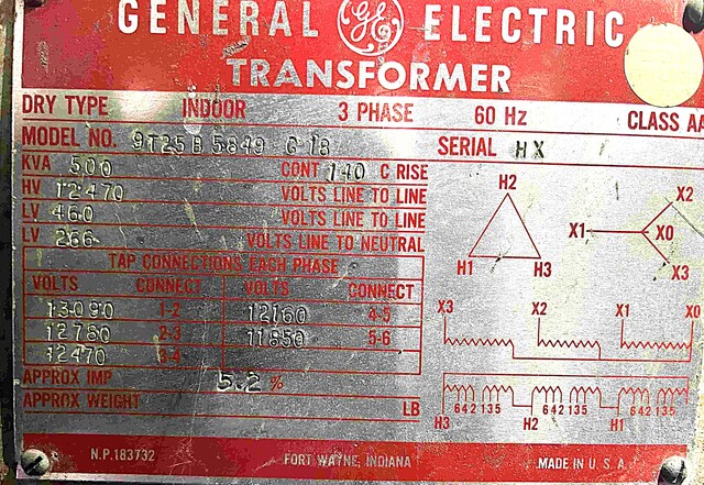500 KVA 12,470 Primary, 460/266 Secondary, General Electric, Dry Type Transformer, 3 Phase - Image 3