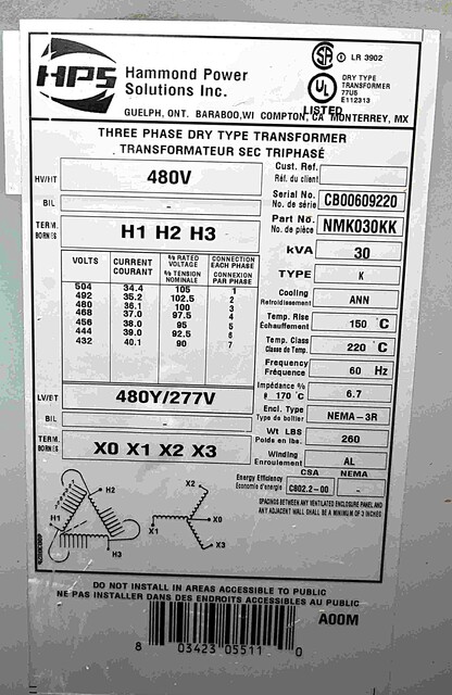30 KVA 480/277, Hammond Power Solutions, Dry Type Transformer, NEW - Image 2