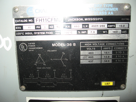 11 KVA 460 Primary, 460Y/266 Secondary, Challenger, Isolation Transformer, 3 Phase - Image 1