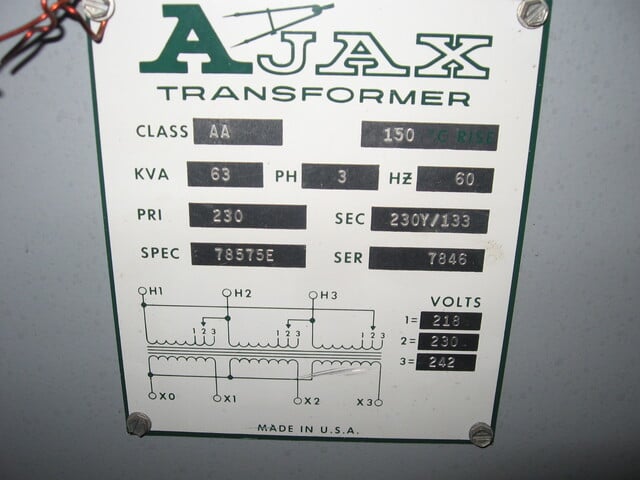 63 KVA 230 Primary, 230Y/133 Secondary, ABB, Isolation Transformer, 3 Phase - Image 1