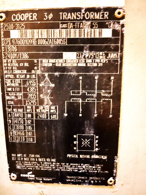 2500/3125 KVA 13,800 Primary, 2400Y/1386 Secondary, Cooper, Indoor Power Transformer, 3 Phase - Image 6