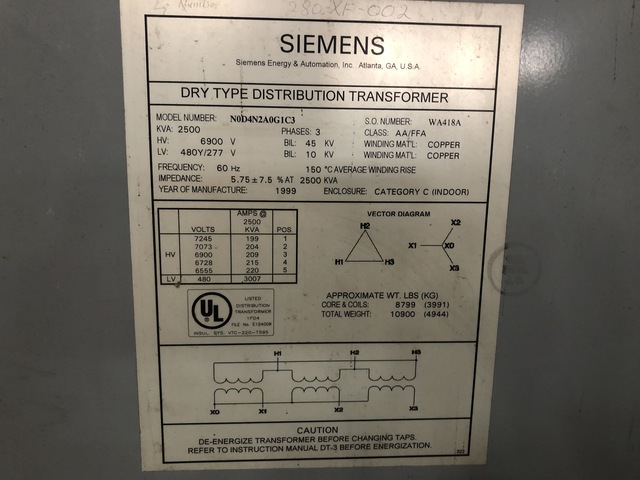 2500 KVA 6900 Primary, 480Y/277 Secondary, Siemens, Indoor Unit Substation, 3 Phase - Image 4