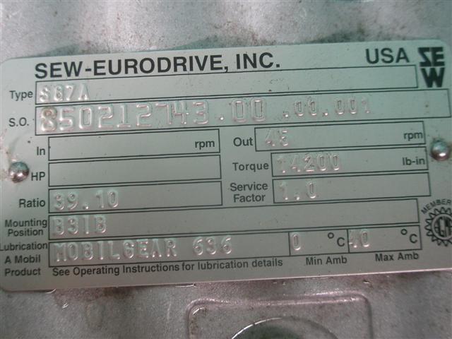 Sew-Eurodrive #S87A, Gear Box Speed Reducer, 45 RPM Output, 39.00 :10 Ratio - Image 7