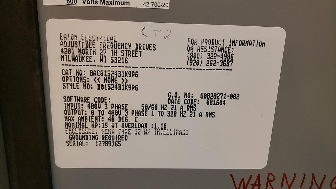 Eaton #BAC01524B1K9P6, Adjustable Frequency Drive, 480 Volts, 30 Amps (2 available) - Image 4