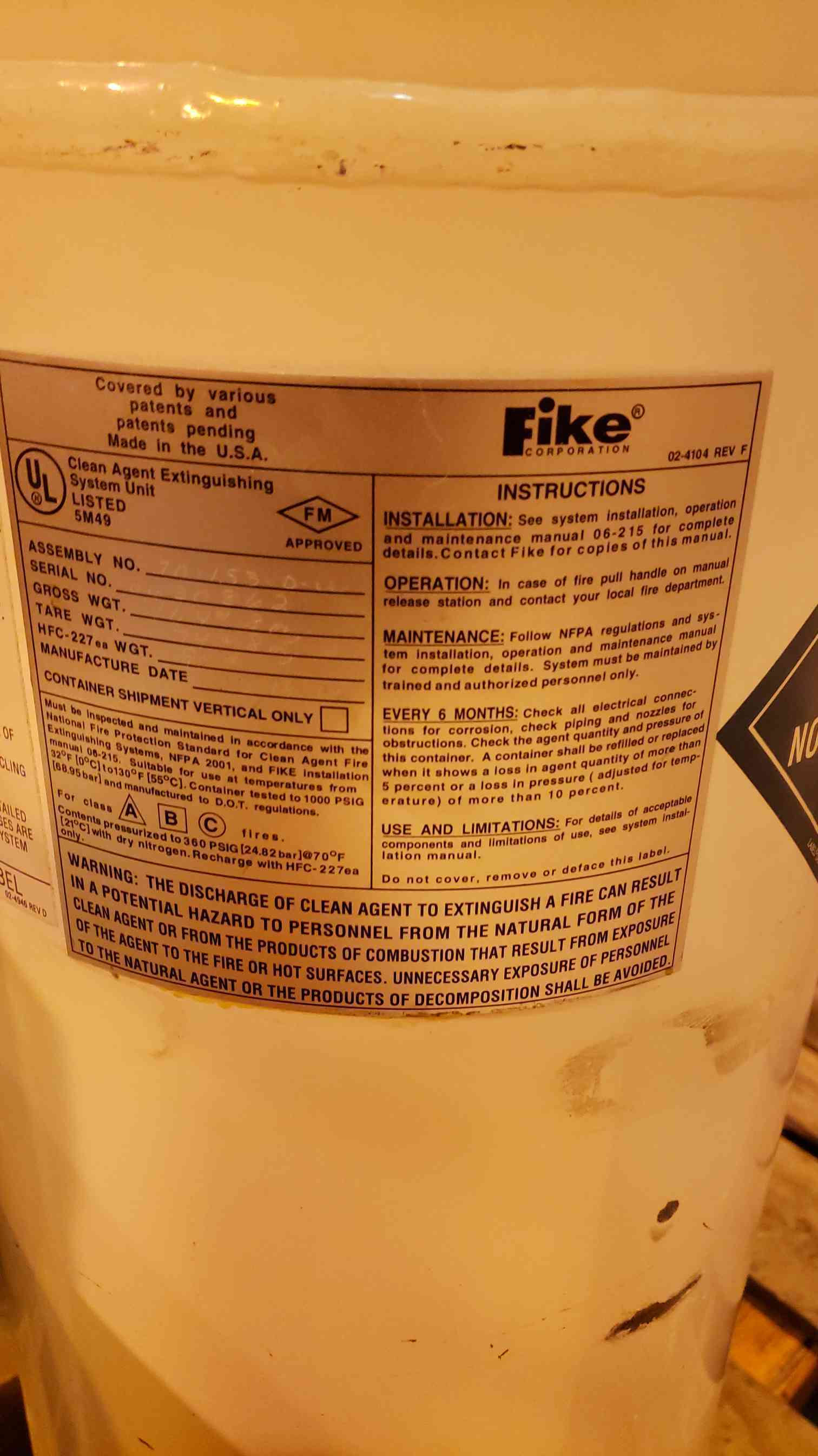 90 lbs. Fike #HFC-227ea, FM-200 Fire Suppression Tank - Image 2
