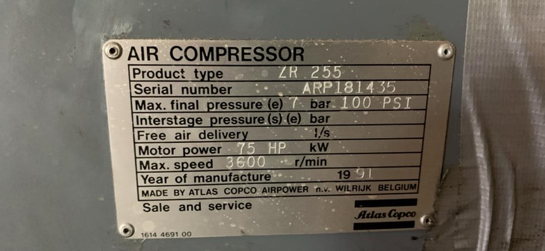 75 HP Atlas Copco #ZR255, Rotary Screw Air Compressor - Image 10