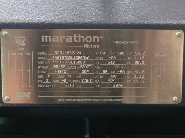 500 HP 3600 RPM Marathon, Frame 449TS, Drip-Proof Ball Bearing, 460 Volts, New Surplus - Image 3