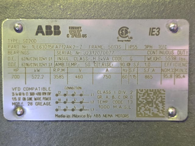 700 HP 3600 RPM ABB, Frame 5013S, TEFC BB, 460 Volts, New Surplus - Image 3