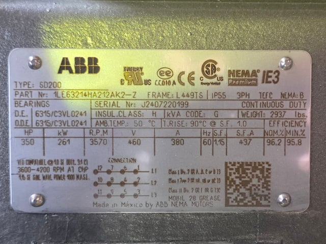 350 HP 3600 RPM ABB, Frame 449TS, TEFC BB, 460 Volts, New Surplus - Image 3