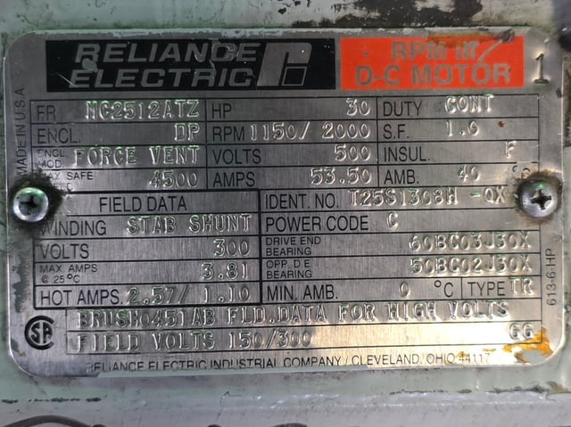 30 HP 1200 RPM Reliance, Frame MC2512ATZ, DPFVBB, 500 VA, 300/150 VF - Image 3