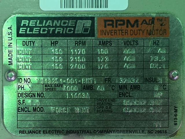 150 HP 1800 RPM Reliance, Frame L3203Z, DPFVBB, 460 Volts - Image 2