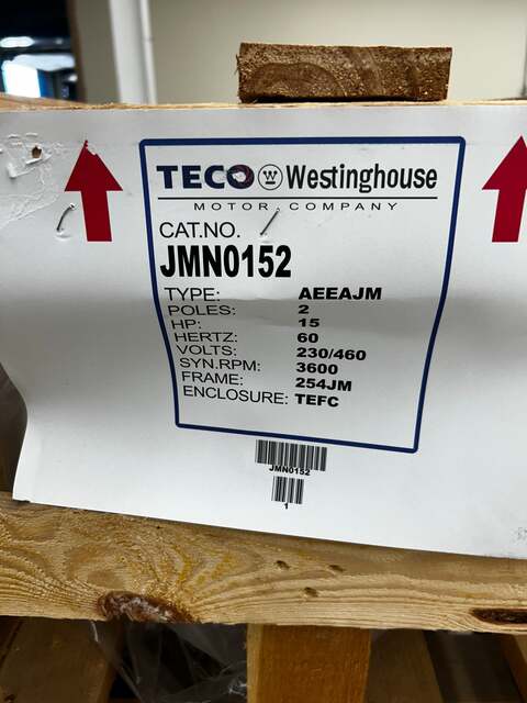 15 HP 3600 RPM TECO Westinghouse #JMN0152, Frame 254JM, TEFC, 230/460 Volts, 3 phase, New Surplus - Image 3